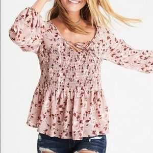 American Eagle Pink Floral Smocked Blouse Top